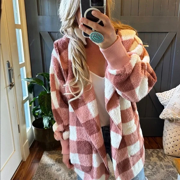 New Cozy Oversized Teddy Hooded Pink Plaid Cardigan Sweater Coat Western  Boho - Picture 2 of 9